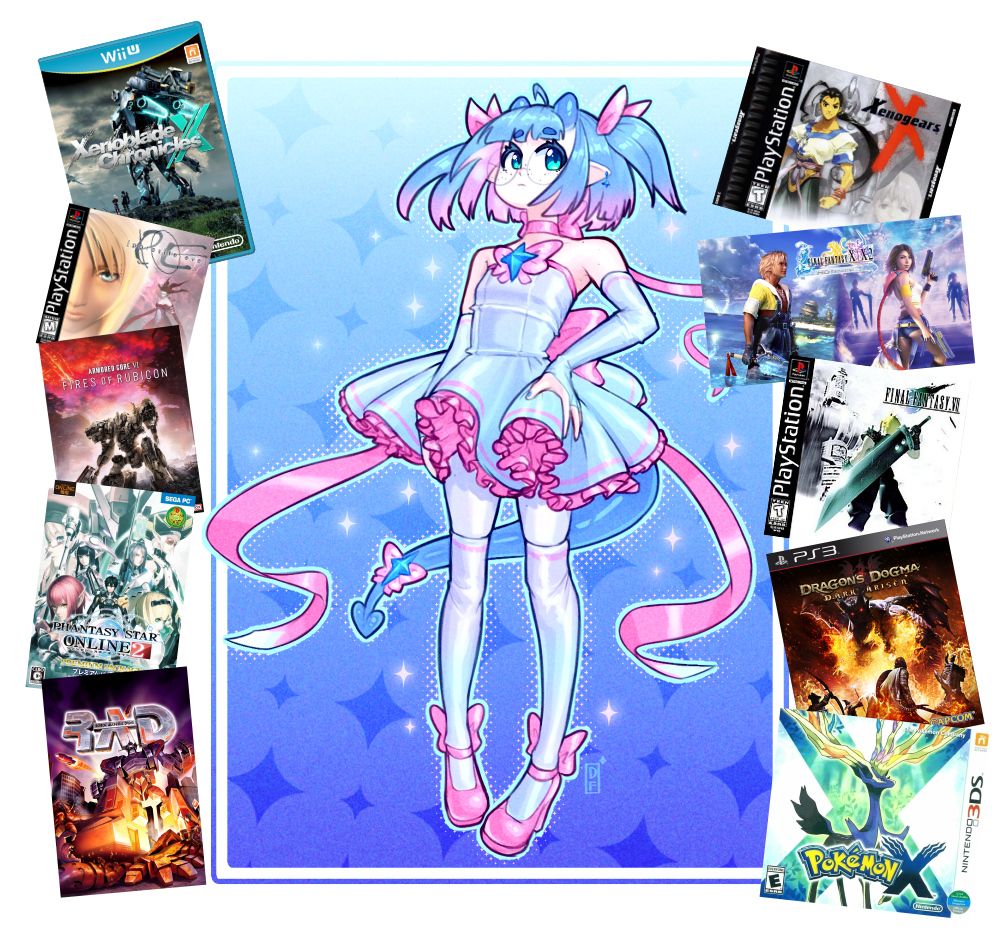 Digital art of my OC, Elizabeth Penn, AKA Prisma Witch Star, a half-demon magical girl, surrounded by games. 

The games are:

Xenoblade Chronicles X
Parasite Eve
Armored Core 6
Phantasy Star Online (Classic, not NGS)
Robot Alchemic Drive
Xenogears
Final Fantasy X/X2 (I'm counting both, don't judge me!)
Final Fantasy 7
Dragon's Dogma
Pokemon X