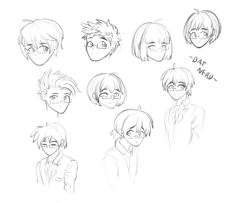 Sketches of a young man with various hairstyles.