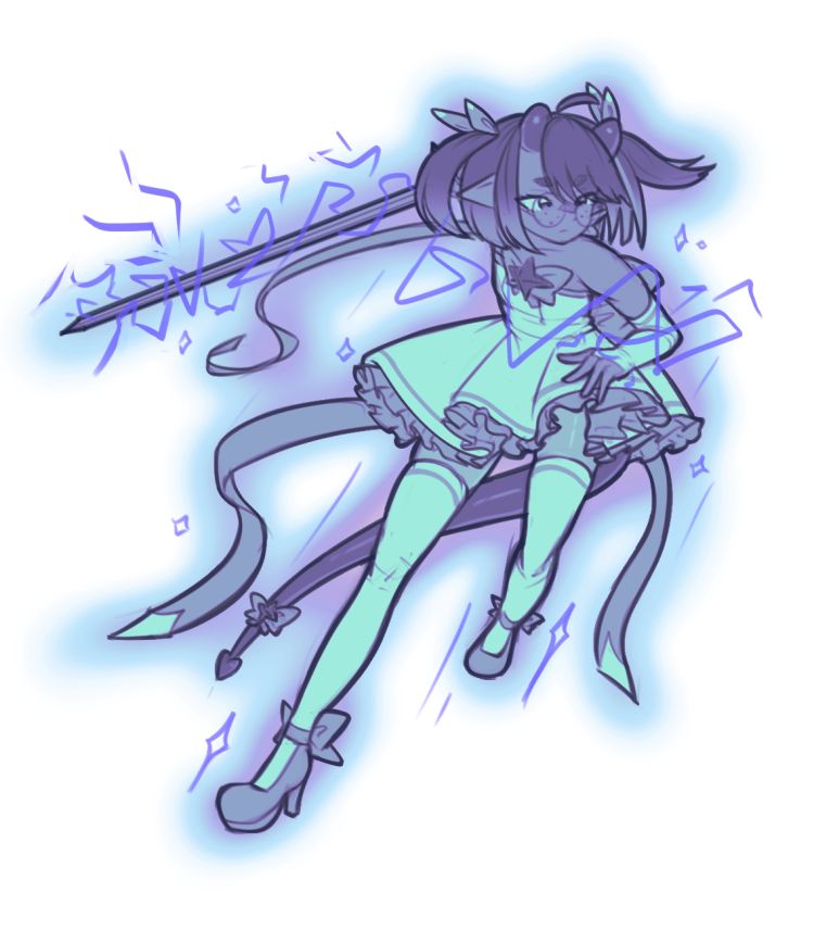 Sketch of a half-demon magical girl leaping with her sword out.