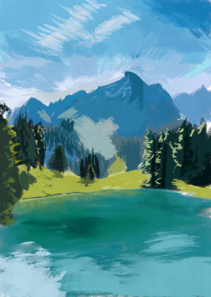 Questionable landscape painting of a lake and mountains.