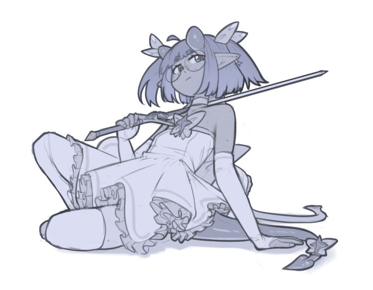 B&W sketch of a half-demon magical girl laying on the ground while resting her sword on her shoulder.