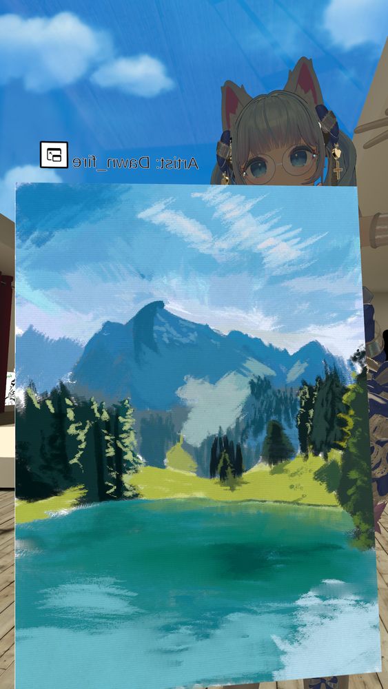 Screenshot of VRChat with a magical fox girl posing behind a questionable landscape painting of a lake and mountains.