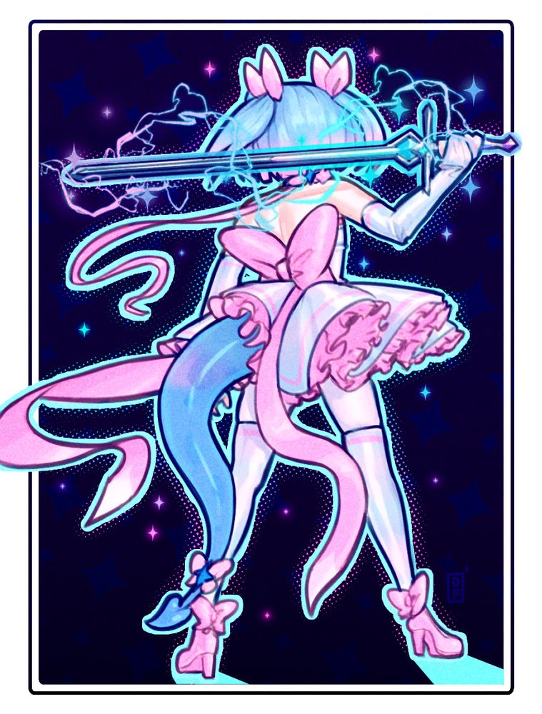 Digital art illustration of my OC, Elizabeth Penn, AKA Prisma Witch Star, a half-demon magical girl. It's rear-angle illustration, with her holding her sword at her back.