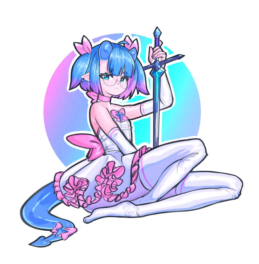 Drawing of a half-demon magical girl sitting while holding her sword.