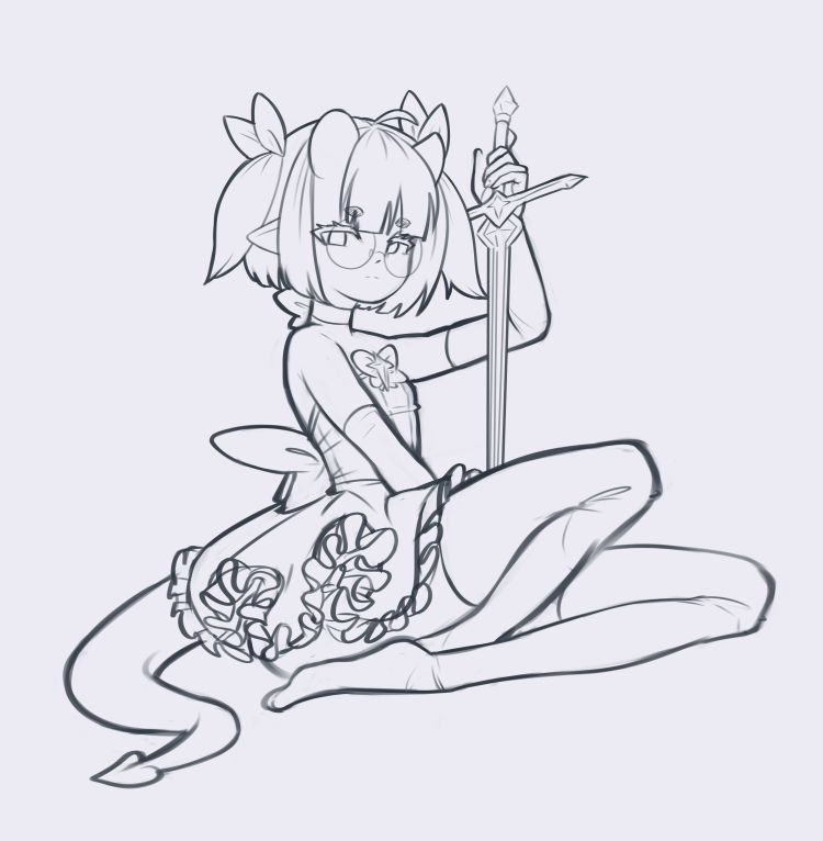 Sketch of a half-demon magical girl holding her sword