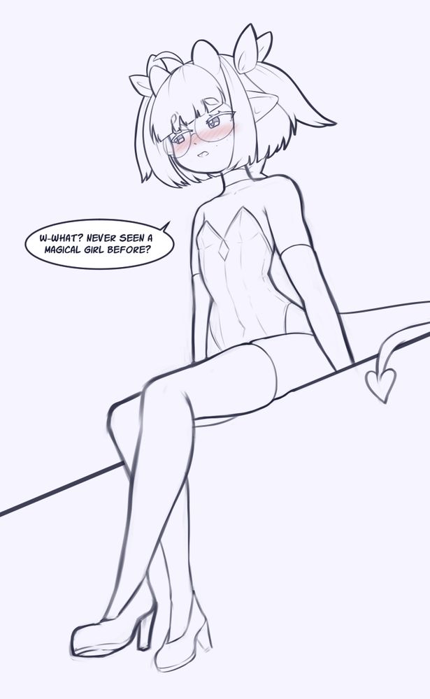 Sketch of a half-demon magical girl sitting on the edge of a desk