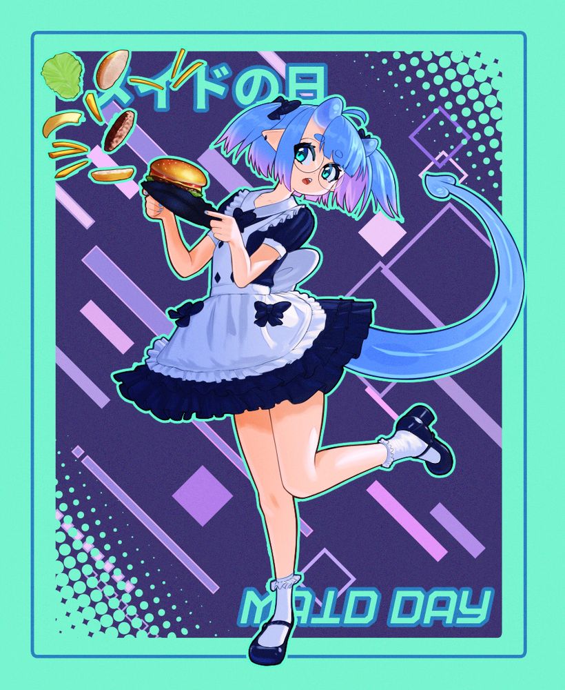 Digital art illustration of my OC, Elizabeth Penn, AKA Prisma Witch Star, a half-demon magical girl. Here she's wearing a maid dress while stumbling with a platter of burgers.