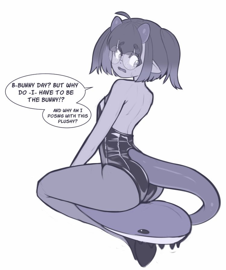 Sketch of a half-demon magical girl posing on her knees while squishing a shark plushy underneath her bottom.