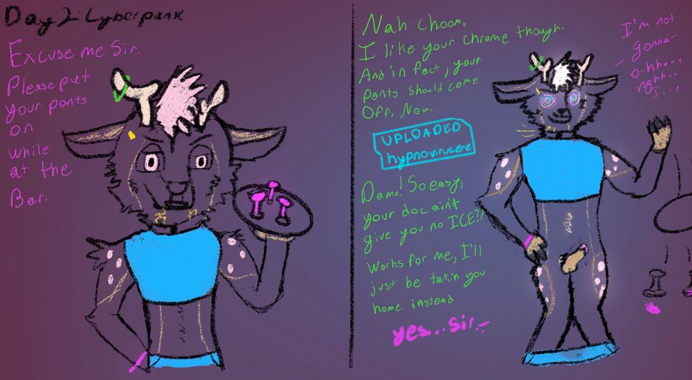 Robin wearing a somewhat slutty outfit at the bar
"Excuse me sir. Please put your pants on while at the bar"
Off screen Dragon: "Nah choom, I like your chrome though. and in fact your pants should come off. Now."
R: "Im not gonna nngh"
D: "damn! So easy. Your doc aint give you no ICE. Works for me, ill just be taking you home instead"
R: "yes sir!"