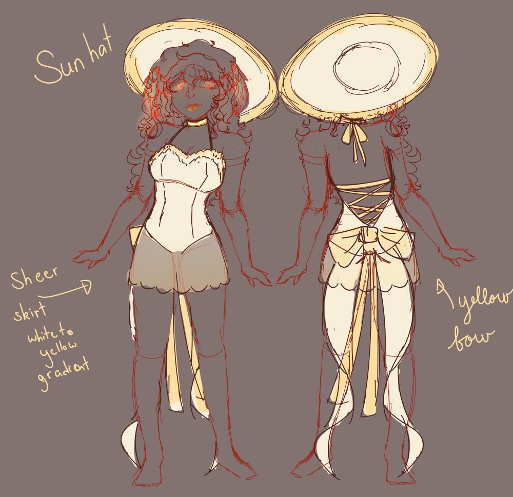Nelly summer outfit concept with white and yellow accents and a big sun hat