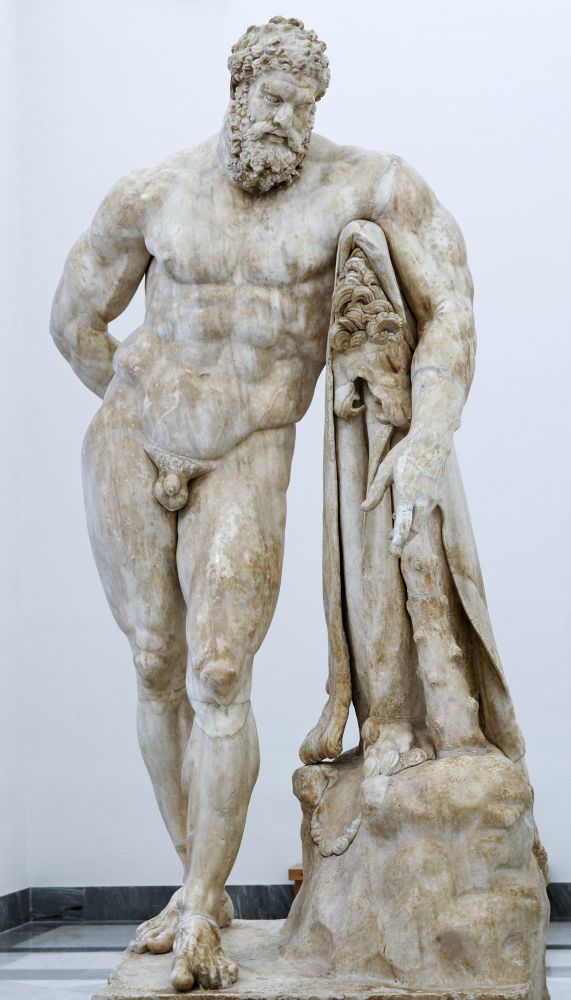 Sculpture of Hercules, or Heracles leaning against a stump, letting his dick waive about 
