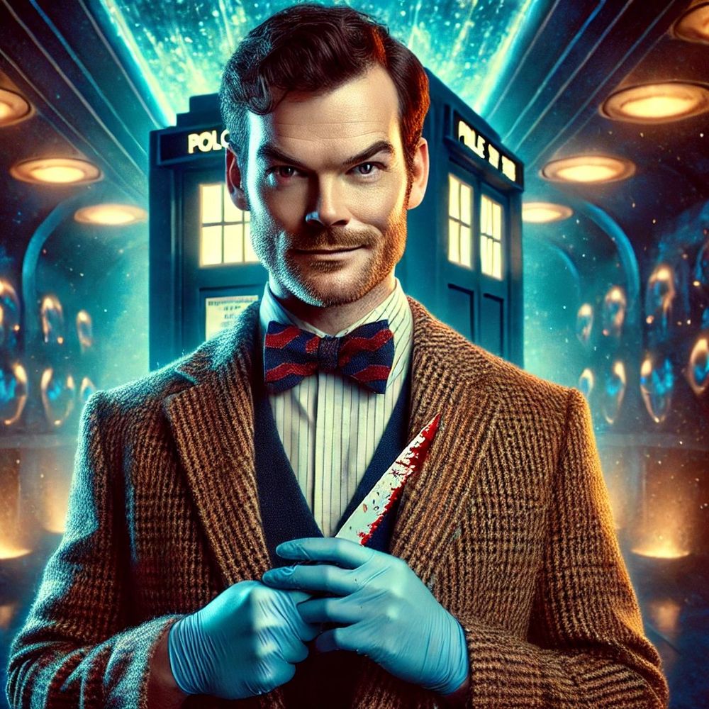 Dexter Morgan (Schauspieler Michael C. Hall) im Doctor Who-Outfit vor der Tardis, mit OP-Handschuhen und Messer in der Hand