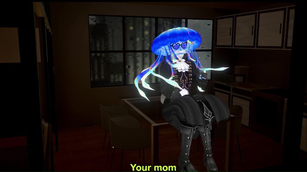 An image that has my Vtuber model sitting on a table in a virtual apartment pointing at the camera with the text "Your mom." at the bottom of the screen in yellow as a subtitle with a black outline. There is also offset parts of the image as well as chroma bleed with light visual noise.