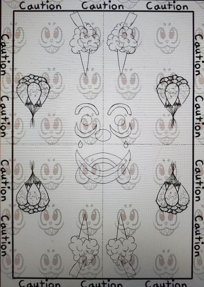 A repeating pattern that shows a happy/sad face clown makeup, Caution tape, blood covered balloons, and cotton candy with a knife sticking out from it. It's currently uncolored