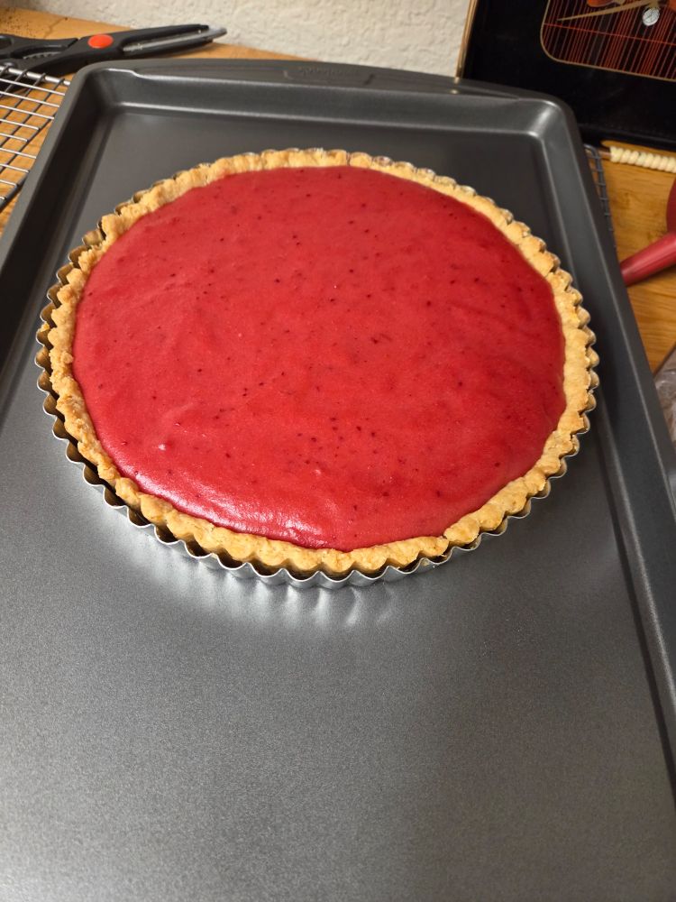 A handmade cranberry curd tart cools on a baking tray