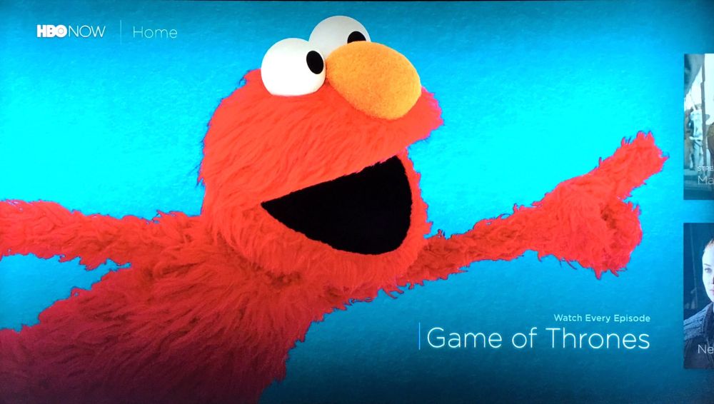 Photo of HBO app for tvOS where a Game of Thrones graphical ad has the wrong image (an image of Elmo from Sesame Street)