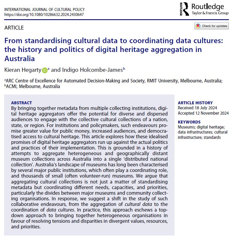 A screen shot of the title, author details, and abstract of a 2024 academic journal article called "From standardising cultural data to coordinating data cultures: the history and politics of digital heritage aggregation in Australia" by Kieran Hegarty and Indigo Holcombe-James in the International Journal of Cultural Policy.
