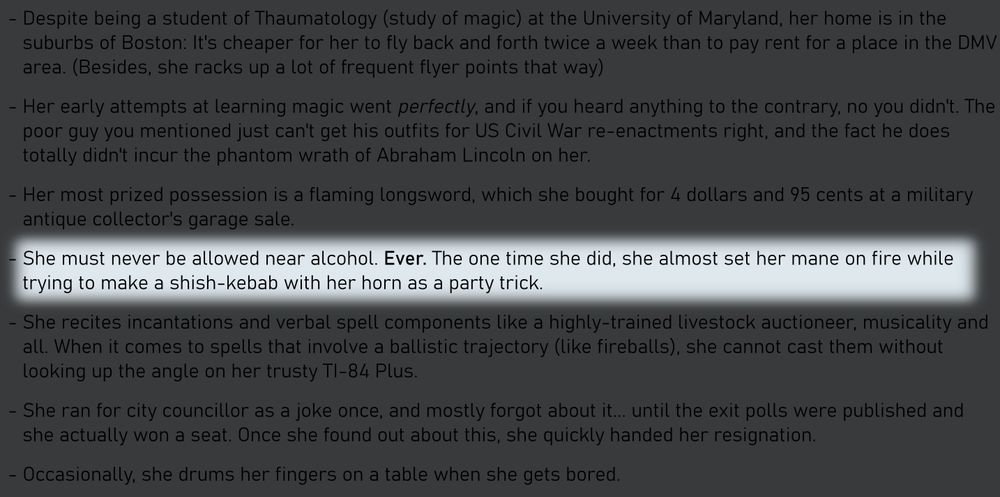block of text. highlighted is a paragraph that says "She must never be allowed near alcohol. *Ever*. The one time she did, she almost set her mane on fire while trying to make a shish-kebab with her horn as a party trick."