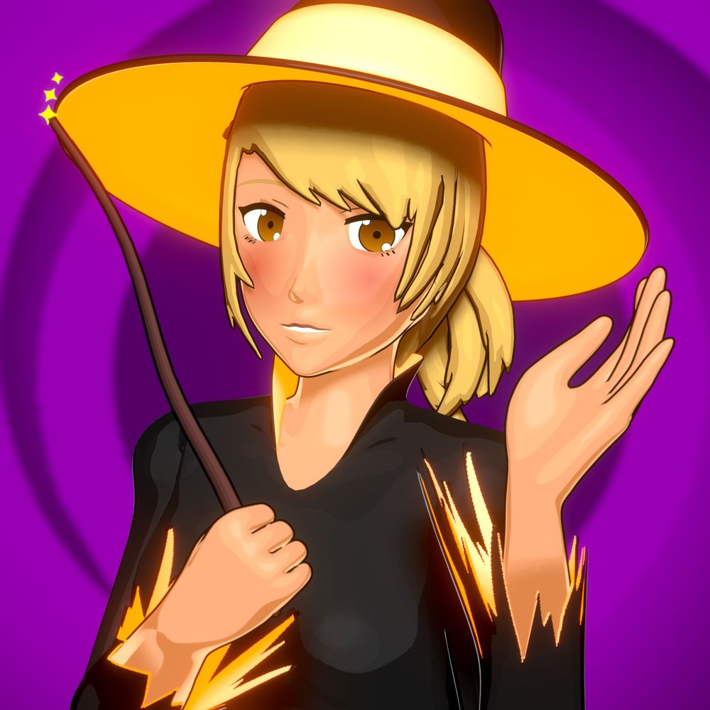 CyberThreat's EVE posing in her Halloween Witch's costume, smiling and waving to the camera while holding a wand, against a purple spiral background.