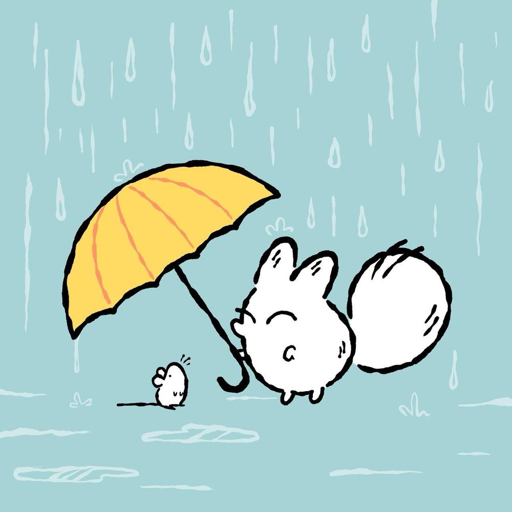 A smiling Anxiety Fox holding a yellow umbrella over a small white mouse, in order to protect them from the rain.