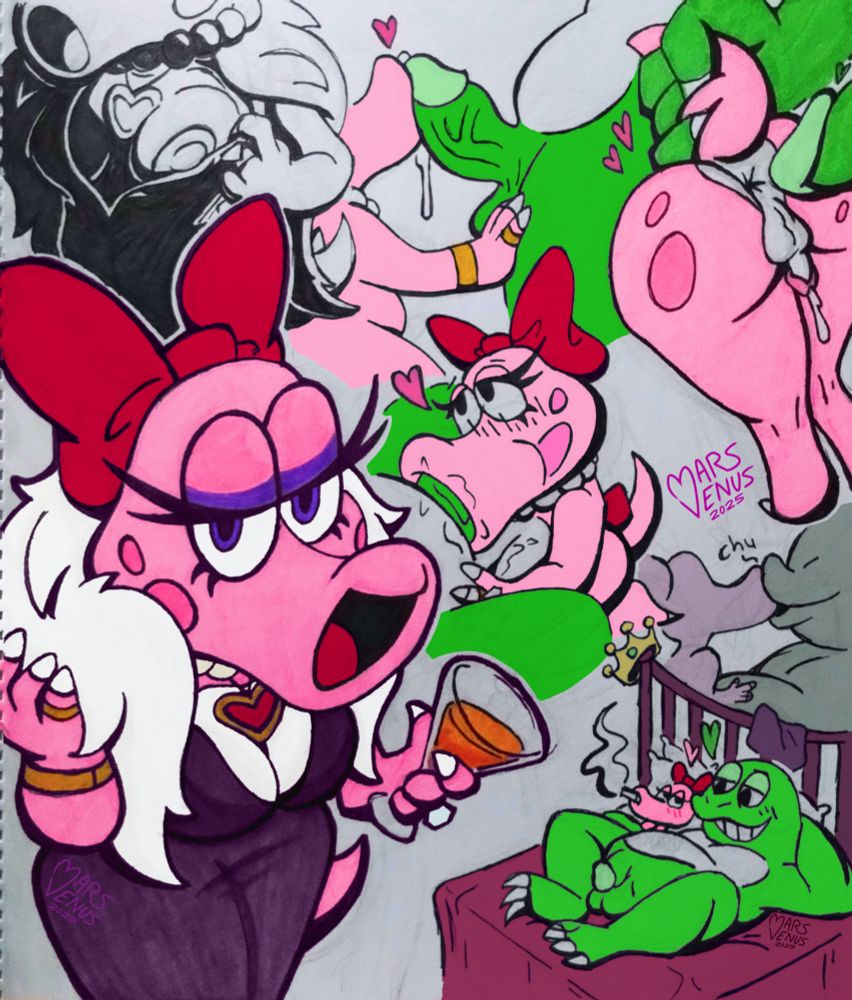 An arrangement of horny drawings of Birdo and Wart from Mario
Started colouring this trad w/ markers but didn't have the right colours, finished it digital lmao