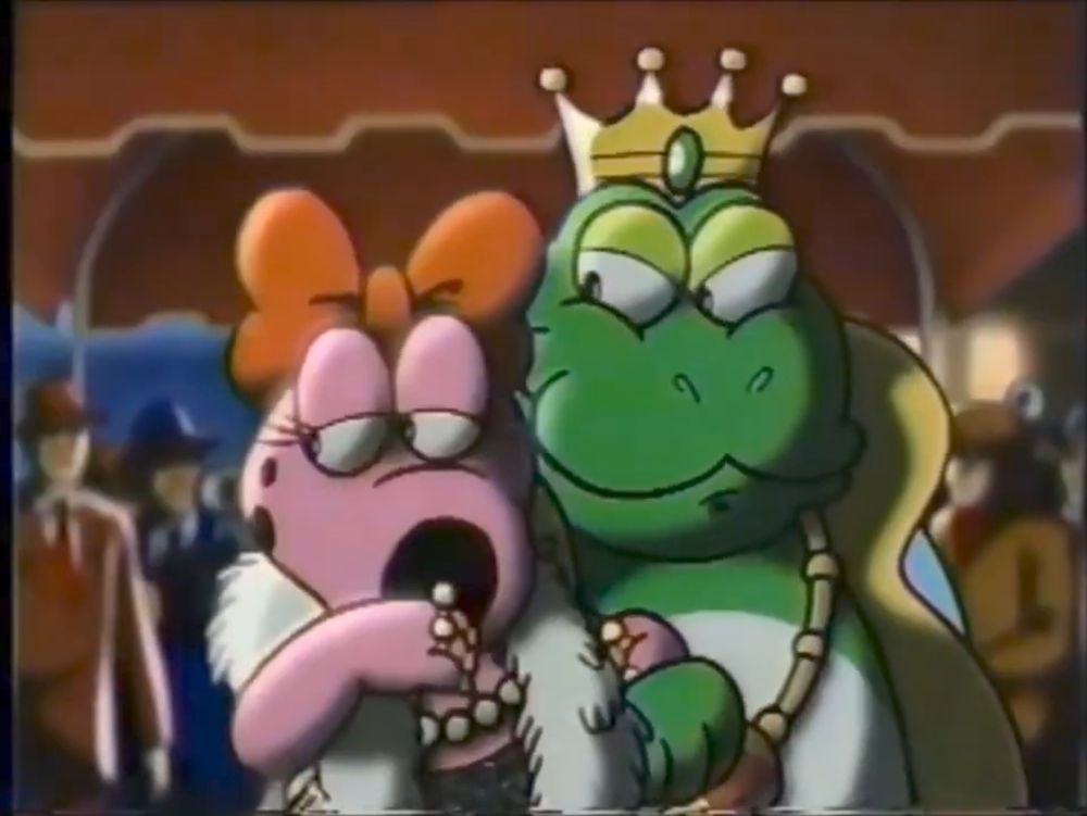 Birdo and Wart in an old mario advert but like the next frame of it 