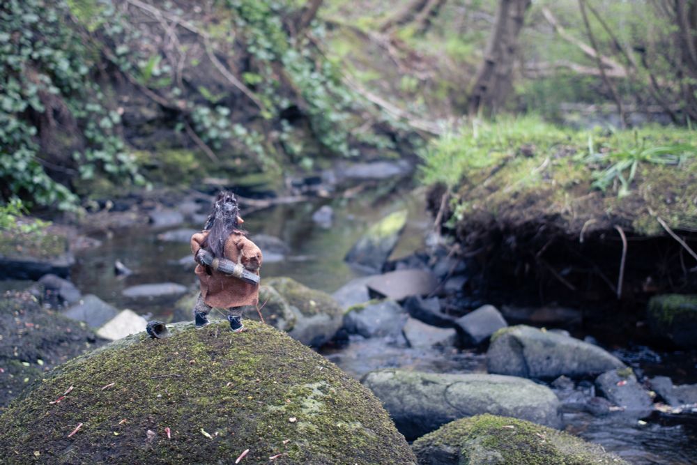 A photograph of the burn - a stream with steep banks and lots of rocks. One of the wee folk is standing on a rock looking at the burn. 
