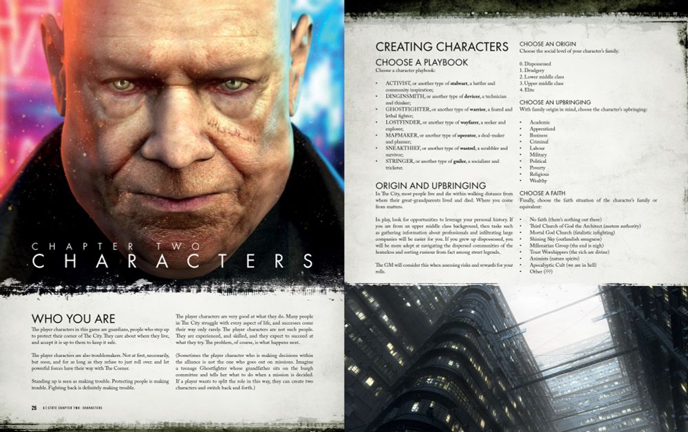 Pages from a|state showing art and layout by Paul Bourne. We see a spread from the characters section. The left hand page begins the chapter with a menacing looking older character glaring at us. On the right hand page we see a viewpoint looking up through the gantries and walkways of a crowded looking tower block. 