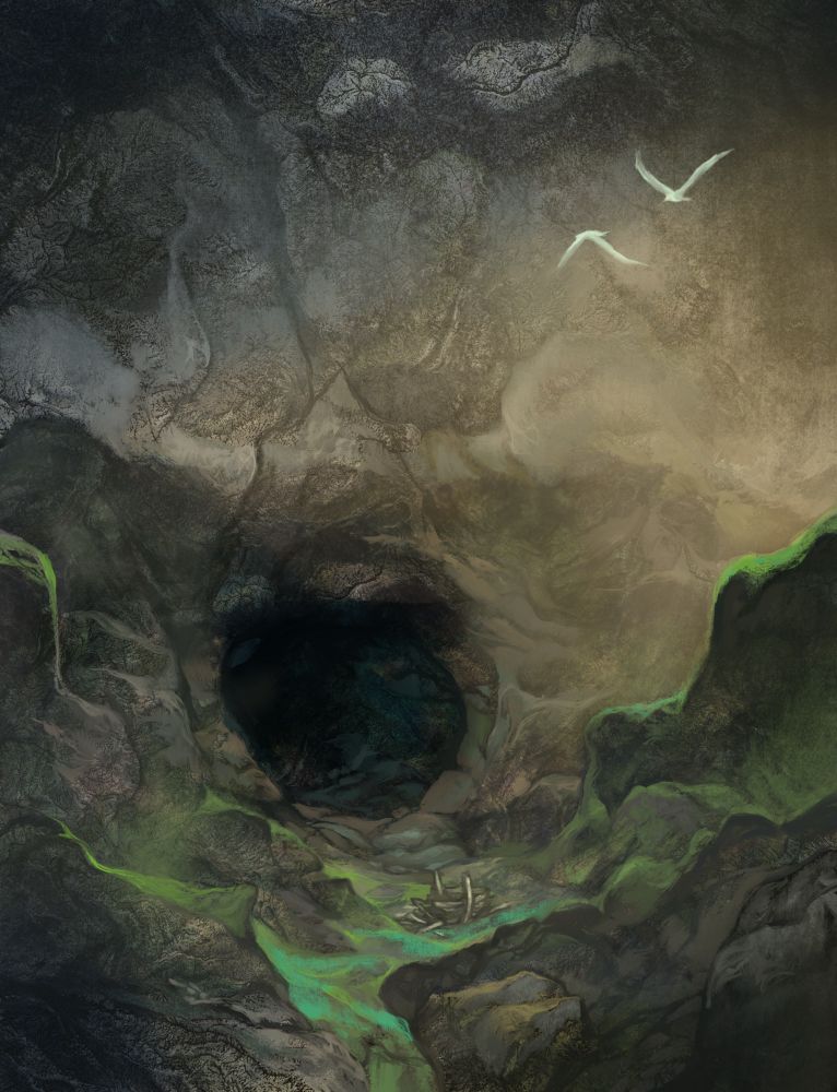A digital painting of the entrance to a sea cave. A broad beam of sunlight cuts across the upper potion of the painting, and gulls are flying through it. 