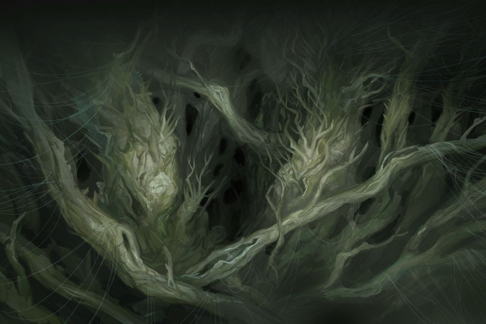 An illustration from The One Ring Roleplaying Game first edition showing a very dark image of Mirkwood, all tangled branches and twigs. 