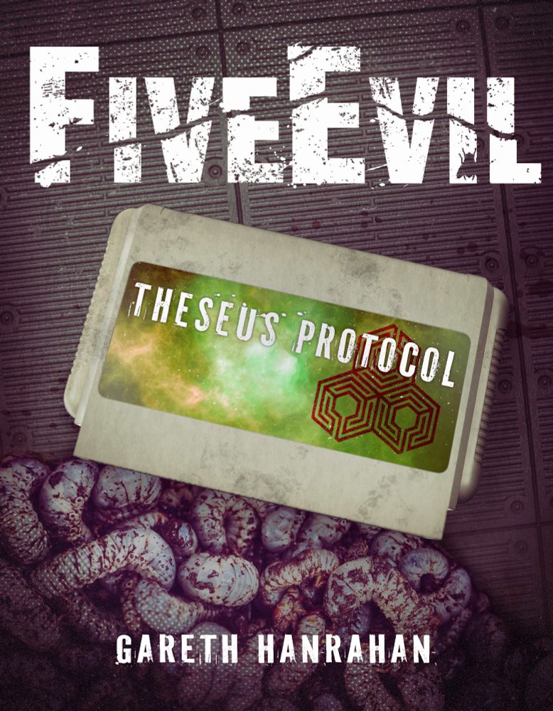 The cover to THESEUS PROTOCOL by Gareth Hanrahan, showing some kind of retro-tech cartridge lying on a metal floor, with masses of grubs spilling out of it.