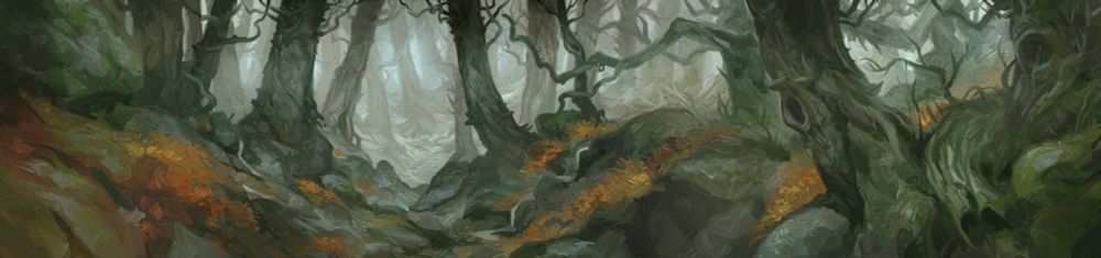 An illustration from The One Ring Roleplaying Game first edition showing the edge of Mirkwood. It looks quite nice. 