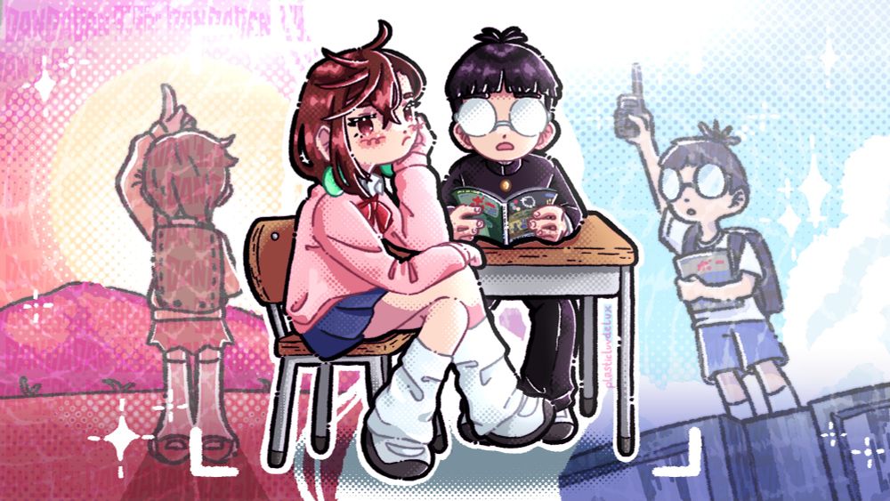 a stylized illustration of the dandadan scene featuring momo ayase sitting in front of okarun’s desk to shield him from the bullying by other students. in the back a young momo stands doing the chi exercise her grandmother taught her, and a young okarun holds a receiver up to the sky, listening for aliens.