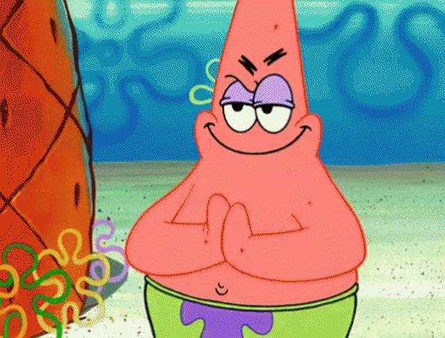 patrick star from spongebob squarepants is smiling with his hands folded