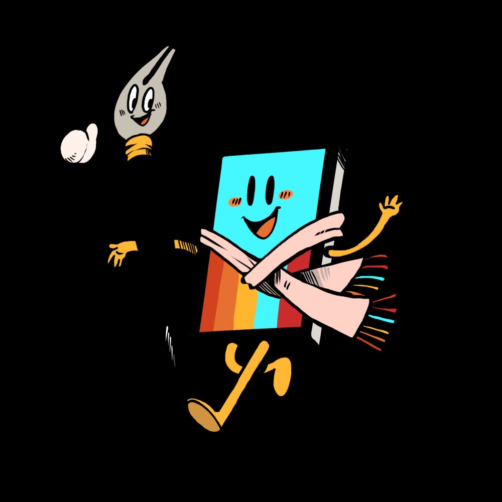 two characters walking alongside each other waving, digital art
