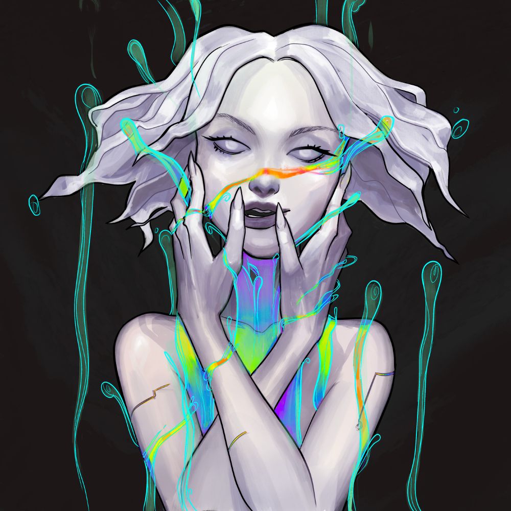 A stylized illustration of an ethereal figure with pale, ghostly skin and flowing white hair. Their eerie, glowing white pupils stand out against the dark background, adding an unsettling yet captivating effect. Neon, liquid-like streaks of green, blue, and orange flow around and across their body, intertwining with their sharp, elegant hands that frame their face. The glowing accents contrast with the dark background, creating a haunting and otherworldly atmosphere.