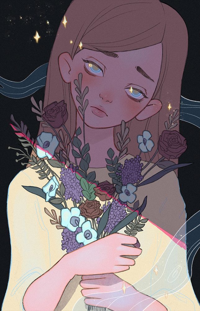 A stylized illustration of a young woman holding a vibrant bouquet of flowers. The bouquet includes roses, lavender, and other delicate blooms in shades of red, purple, and white, with green leafy stems. Her glowing, reflective eyes add an ethereal touch, and golden sparkles surround her against a dark, starry background, with flowing, wave-like shapes adding to the dreamy atmosphere