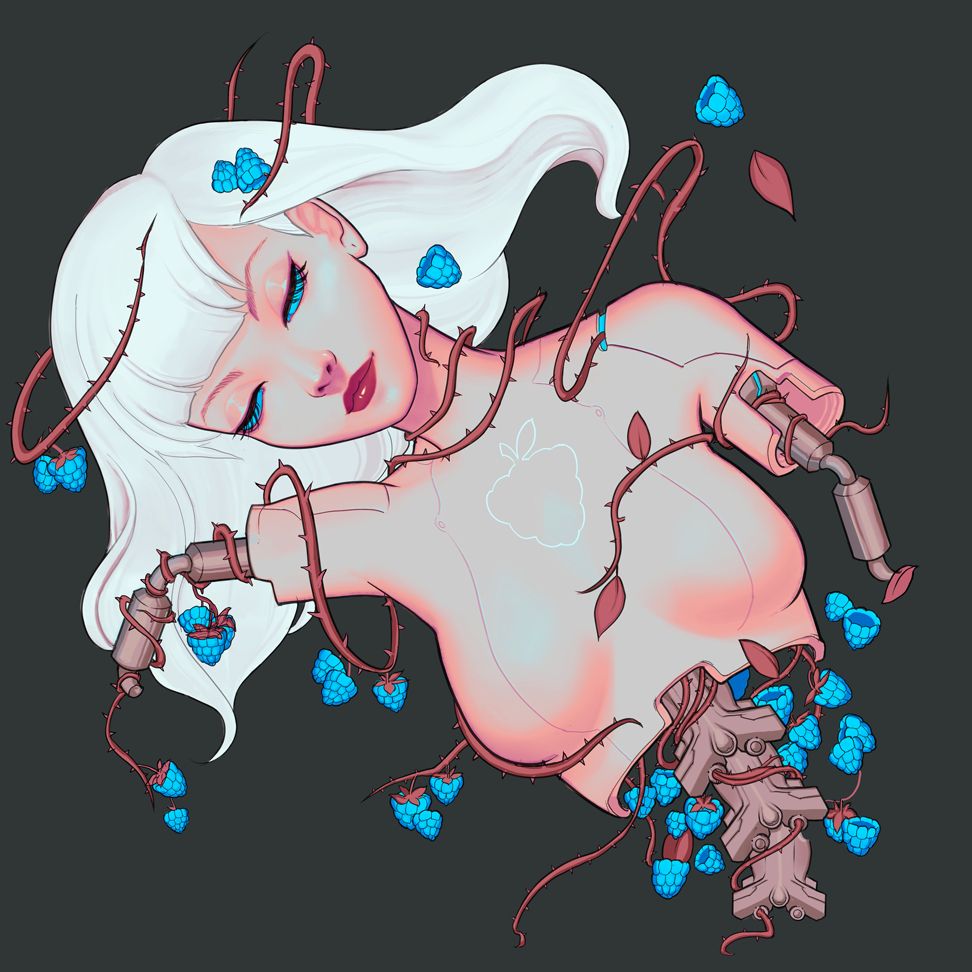 A stylized illustration of an android woman with pale skin and flowing white hair, appearing serene and at rest. Her body is partially dismantled, revealing mechanical components and roots intertwined with thorny vines that sprout vibrant blue raspberries. A faint outline of a fruit emblem glows softly on her chest, symbolizing a blend of nature and technology. The muted dark background contrasts with the vibrant colors, creating a surreal and hauntingly beautiful atmosphere