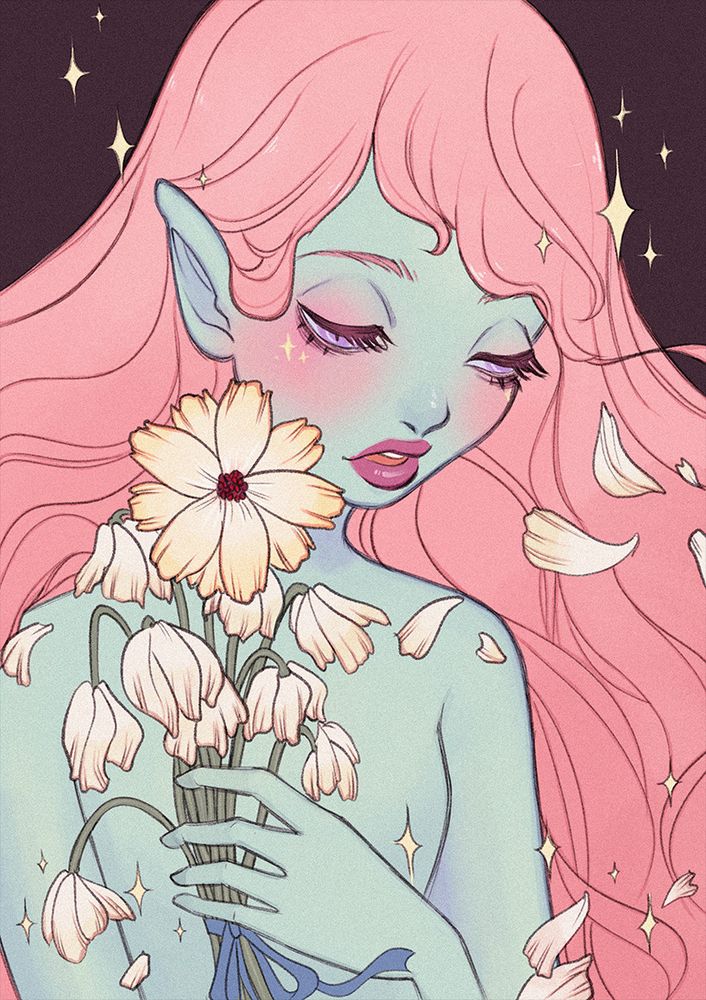 A stylized illustration of an elf-like character with pastel blue-green skin and flowing pink hair. Her eyes are closed, and her expression is serene and melancholic. She holds a bouquet of wilting flowers, their petals falling around her, with a delicate blue ribbon tied to the stems. Golden sparkles and soft accents surround her, adding a magical and ethereal quality against the dark background.