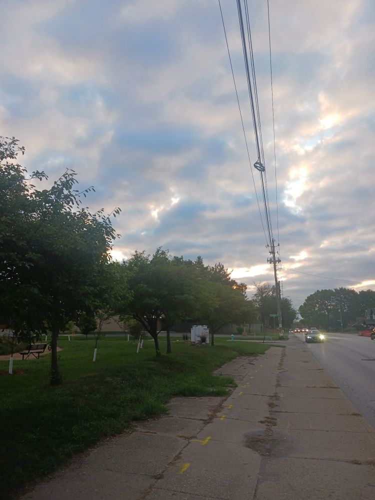 The sunrise shining gold through clouds. Taken from the sidewalk, with trees lining a grassy hill on one side. 