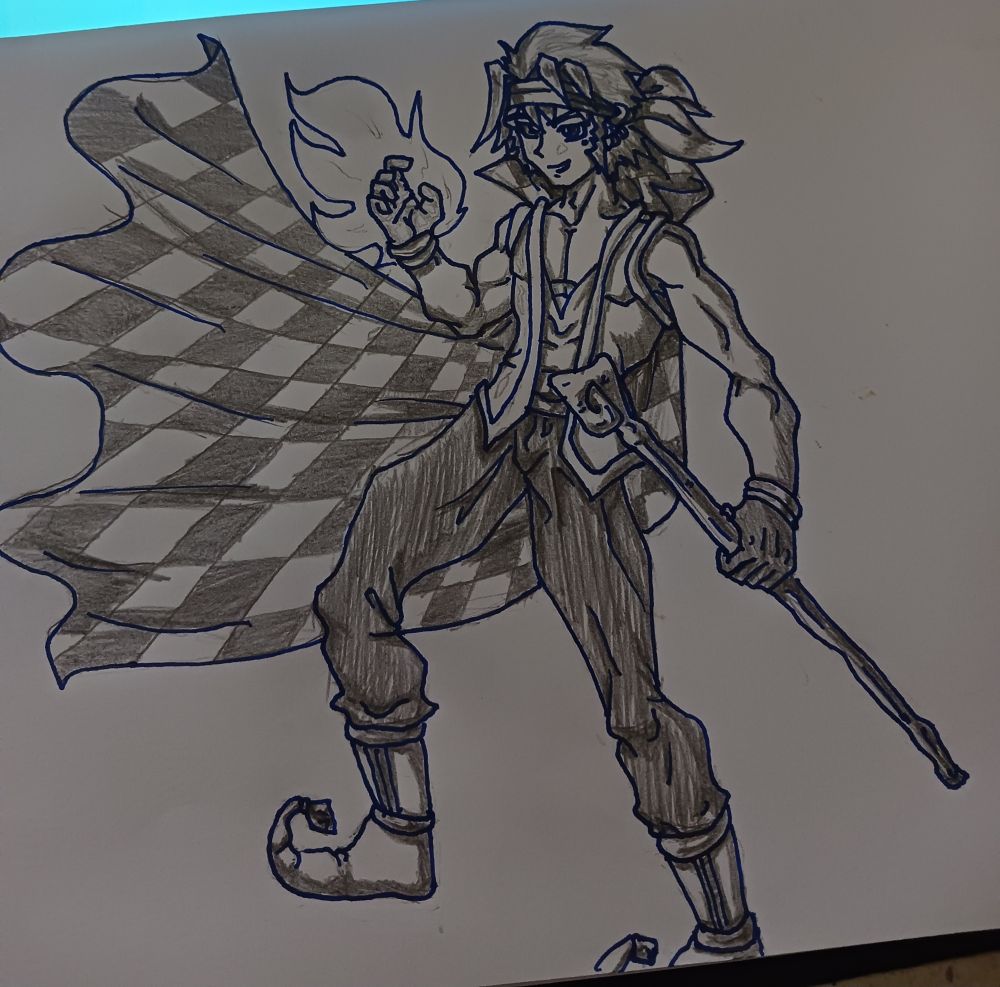 Man with spiky windswept hair and headband, wearing a sleeveless vest over a v collar shirt and dark pants. His cape is checkered, and his boots curl at the toe and have bells. 

He's holding a wooden staff in one gloved hand, and his other is wreathed in flame. He's smiling, cocky.