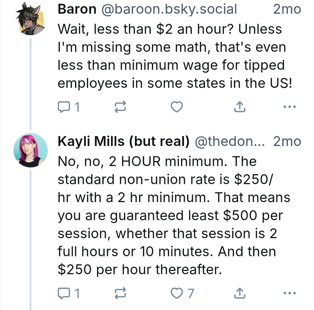 Baron - @baroon.bsky.social - 2 months ago: "Wait, less than $2 an hour? Unless I'm missing some math, that's even less than minimum wage for tipped employees in some states in the US!

Kayli Mills (but real) - thedonutgremlin.bsky.social - 2 months ago: "No, no, 2 HOUR minimum. The standard non-union rate is $250/hr with a 2 hr minimum. That means you are guaranteed least $500 per session, whether that session is 2 full hours or 10 minute. And then $250 per hour thereafter."