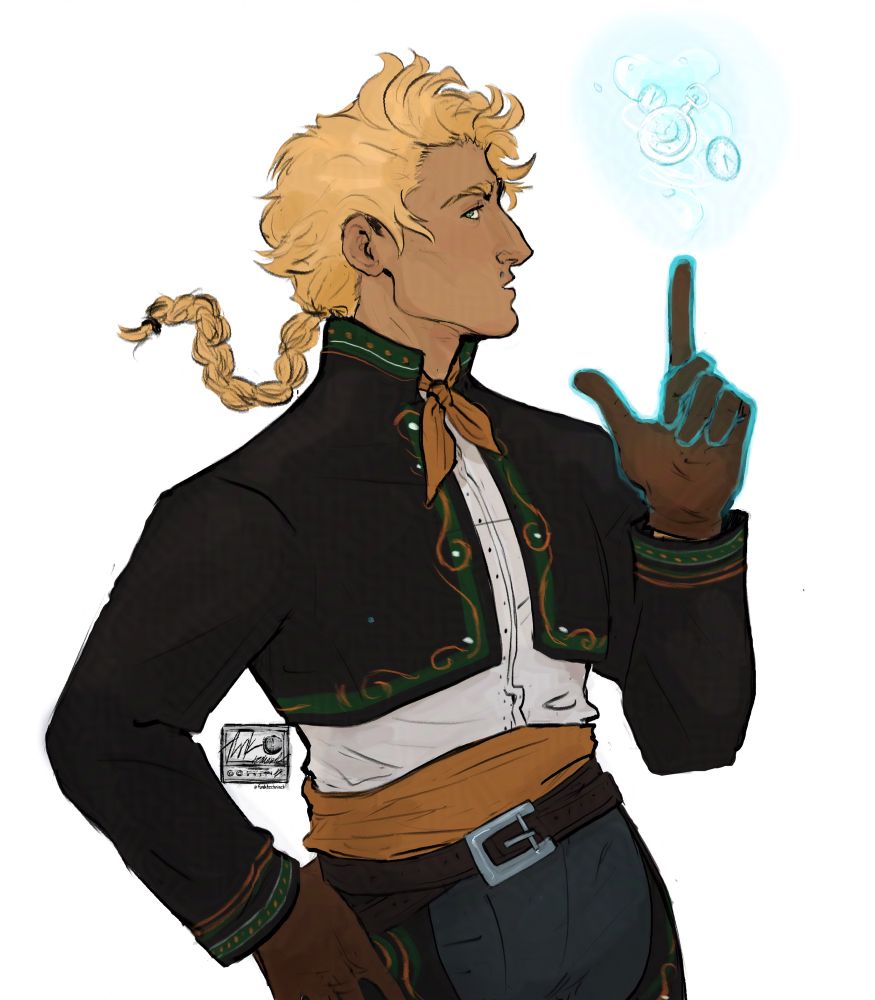 a digital drawing of a tan man with blonde hair in a braid, blowing smoke off an imaginary gun in his hand. he's wearing a bolero jacket with green and orange trim over a white button up shirt, with an orange bandana around his neck and an orange sash around his waist. he's wearing black chaps over grey pants, and has one hand on his hip