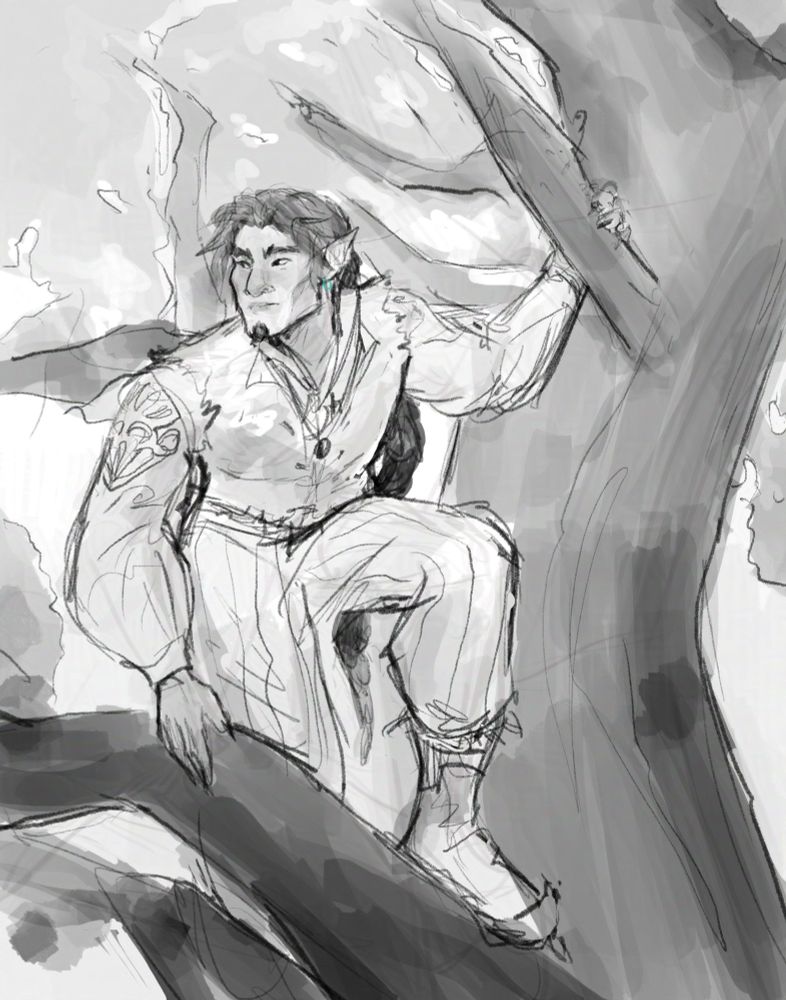 a sketch of a half-elf man climbing a tree; he's wearing a jester costume and looking pensively to the left