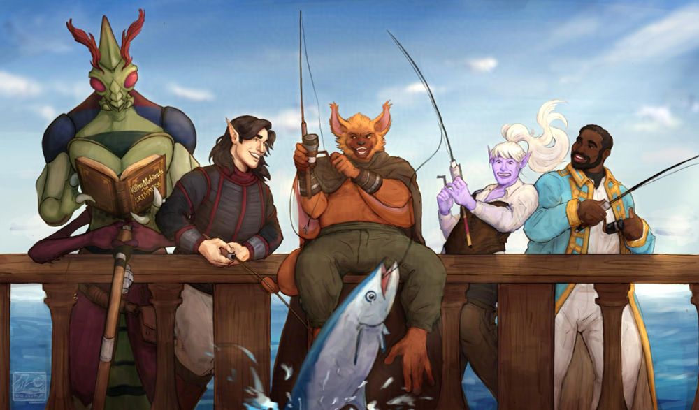 a digital drawing of a DND parry fishing against wooden railing. from left to right, the party is: a green and red thri-kreen, an elven woman with yellow undertones in black and red armor, a hadozee that resembles a lemur and lion, a purple elven woman in typical "pirate" attire, and a Black human man in teal, 1700s naval attire