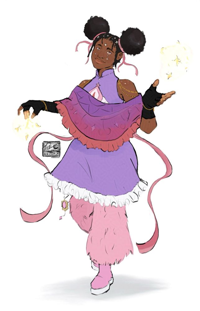 a digital drawing in mostly flat color of a Black girl in a purple dress, with a purple-orange shawl worn off the shoulders, pink fuzzy leg warmers that go up past her knees, and pink boots. her hair is in afro puffs and she's wearing gold jewelry