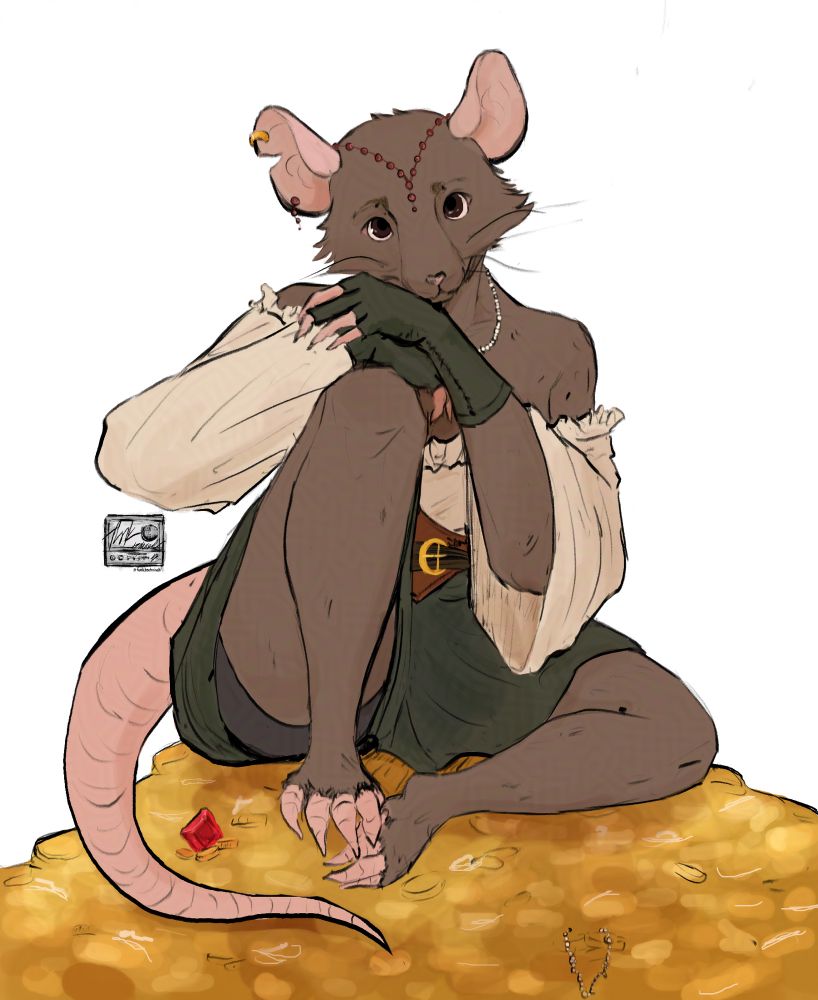 a digital drawing of a ratfolk woman sitting on a pile of treasure. she's wearing a bell sleeved shirt and skirt, with green gloves and various jewelry