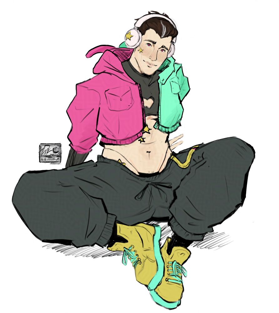 a digital drawing of a pale person sitting on the ground with their hands on the ground behind them. she (character uses he/she/they) has a split color crop hoodie, with bunny ears on the hood, over a shorter cropped tshirt with a heart cutout on the chest. he's wearing baggo cargo pants low on his hips, and bright high top sneakers. they have a set of over the ear headphones on, and are looking at the viewer