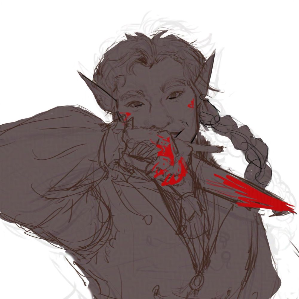 a digital sketch colored in flat grey of a half-elf with a bloody knife in hand. he's holding his hand in front of his mouth, wiping his face. he's wearing a vest over a puffy sleeved dress shirt, and his hair is in a long braid behind him