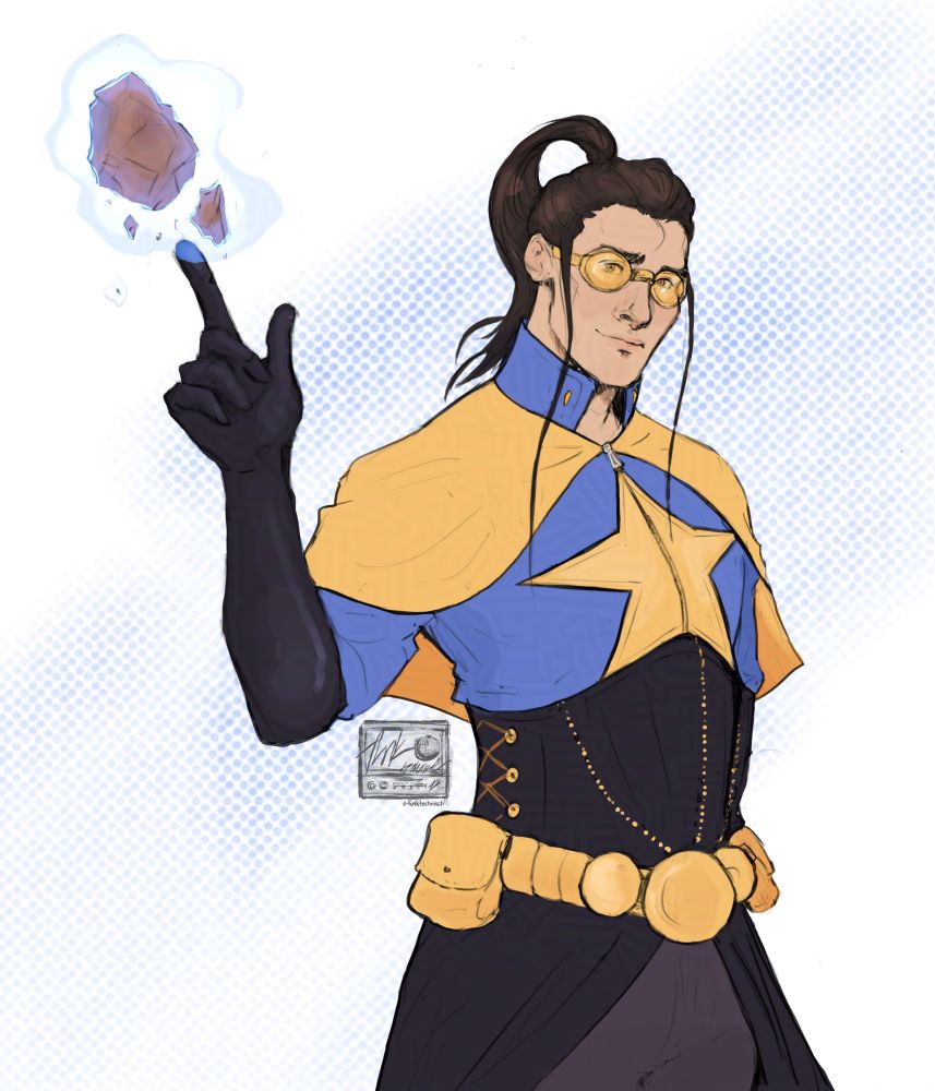a digital drawing of a young man in a superhero costume, levitating rocks at the tip of his finger. he's wearing a blue suit with a yellow star on the chest, a yellow capelet, and a black corset; he has a yellow utility belt over grey pants